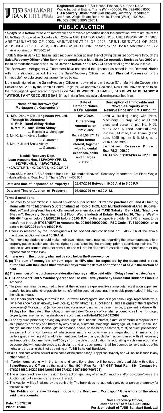 TJSB Sahakari Bank Limited Public Auction Notice