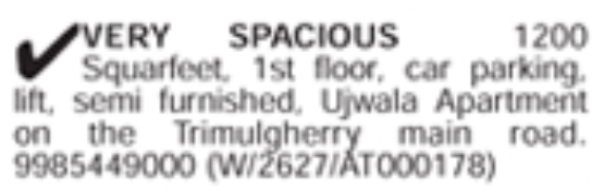 Trimulgherry 1200 Sft Flat For Rent