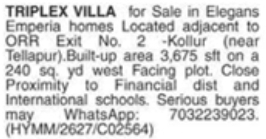 Triplex Villa for Sale: Elegans Emperia Homes, Kollur