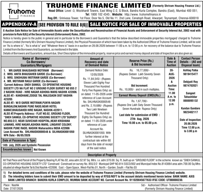 Truhome Finance Immovable Property Sale Notice