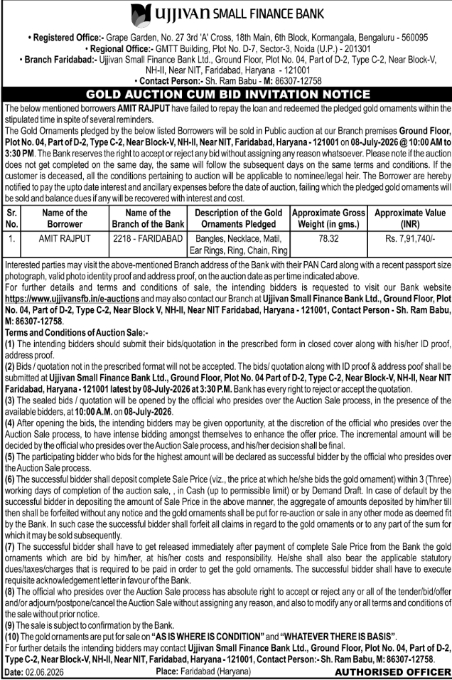 Ujjivan Small Finance Bank Gold Auction Notice: Bid Invitation for Pledged Ornaments (Faridabad)