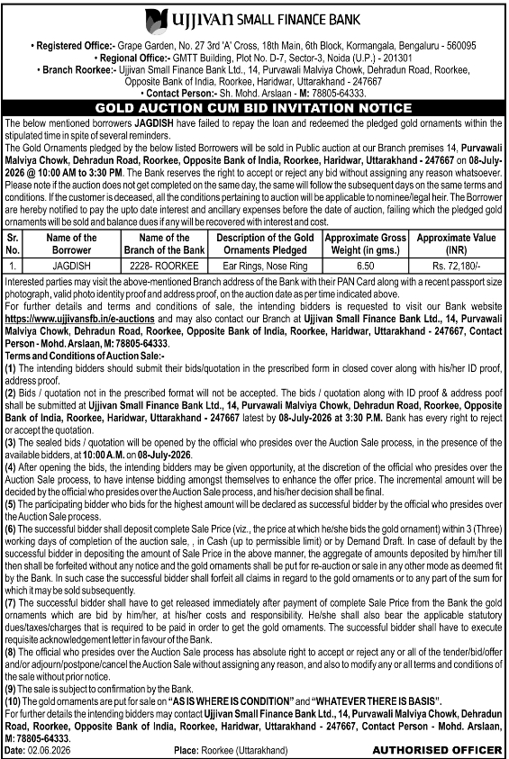 Ujjivan Small Finance Bank Gold Auction Notice: Bid Invitation for Pledged Ornaments