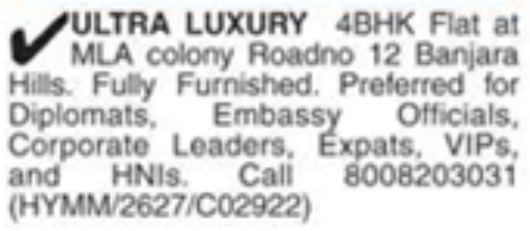 Ultra Luxury 4BHK Flat for Rent: Banjara Hills, Hyderabad