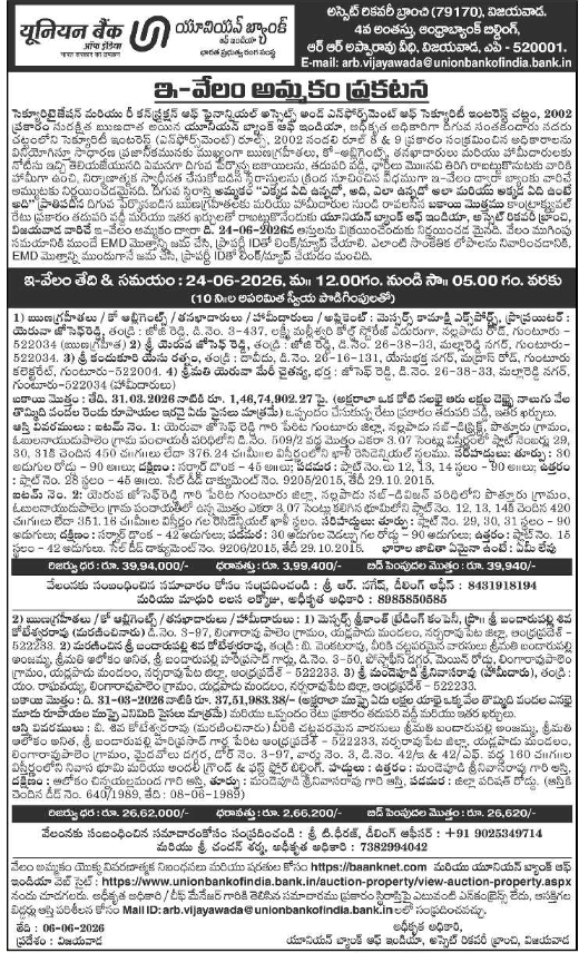 Union Bank: Guntur Immovable Properties E-Auction