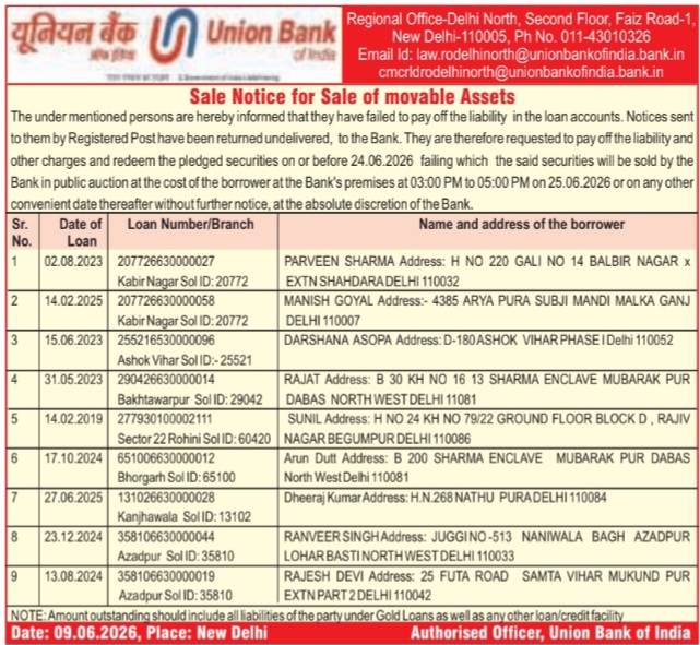 Union Bank of India: Delhi North Movable Assets Sale Notice