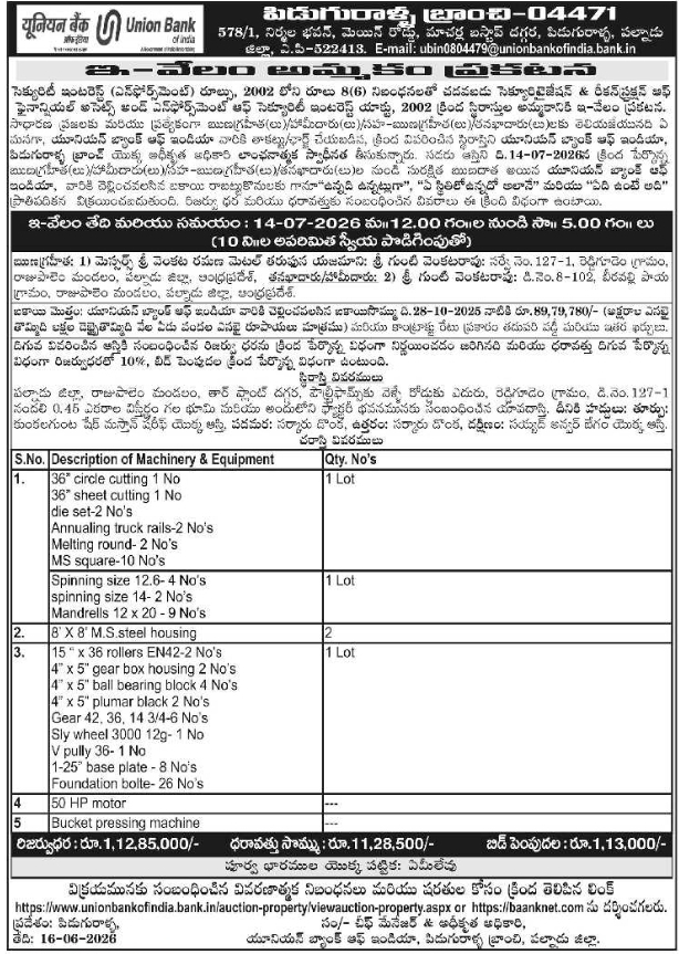 Union Bank of India E-Auction Sale Notice