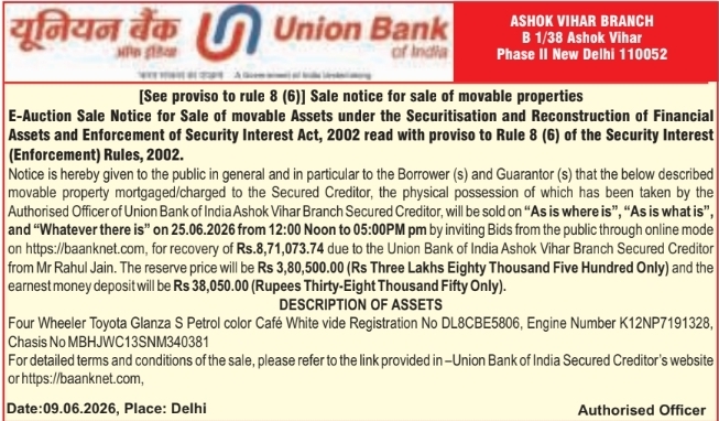 Union Bank of India: Glanza Car E-Auction Sale Notice