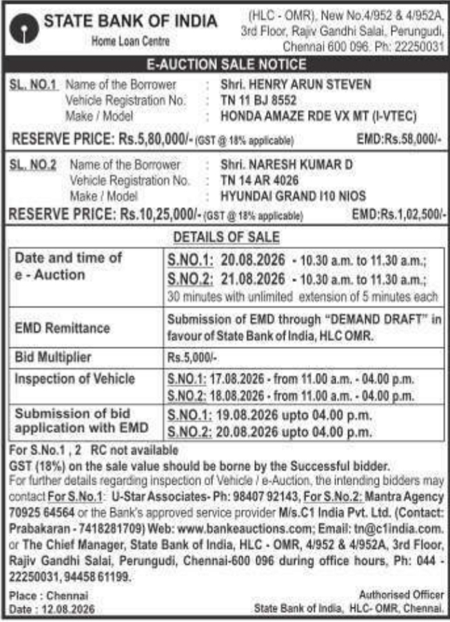 Vehicle E-Auction Sale Notice by State Bank of India