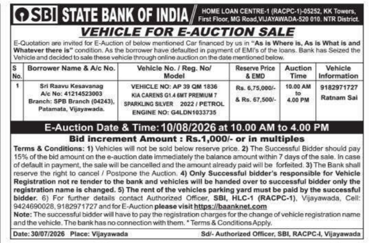 Vehicle For E-Auction Sale by State Bank of India