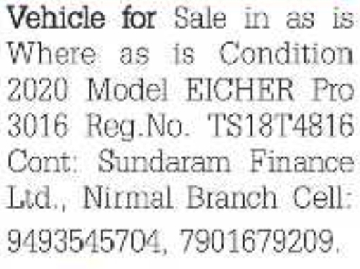 Vehicle for Sale: 2020 Model EICHER Pro 3016