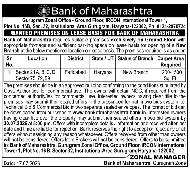 Wanted Premises: Office Space on Lease Basis