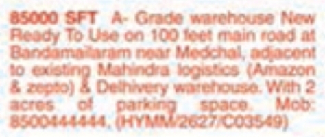 Warehouse for Rent: Bandamailaram, Hyderabad