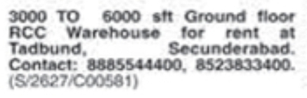 Warehouse for Rent: Tadbund, Secunderabad