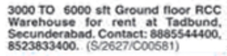 Warehouse for Rent: Tadbund, Secunderabad