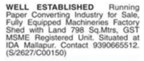 Well-Established Paper Converting Industry For Sale in Mallapur