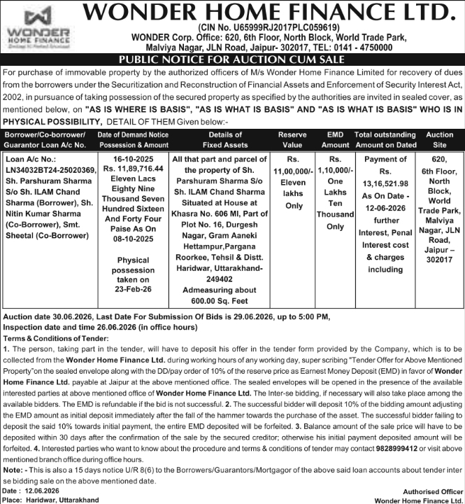 Wonder Home Finance Haridwar 2026 Property Auction Notice