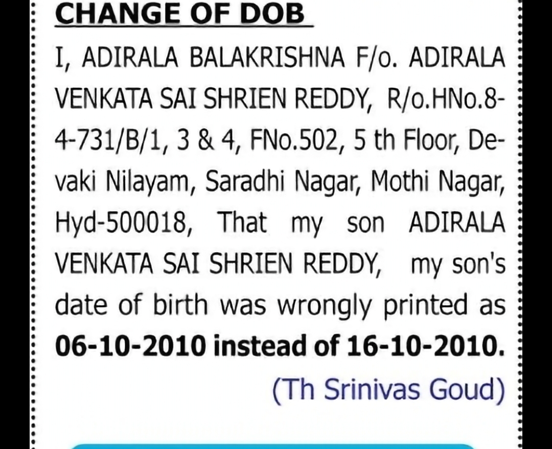 CHANGE OF DOB: ADIRALA VENKATA SAI SHRIEN REDDY