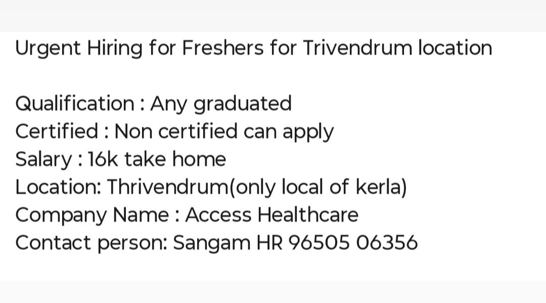 Urgent Hiring – Freshers (Trivandrum Location)