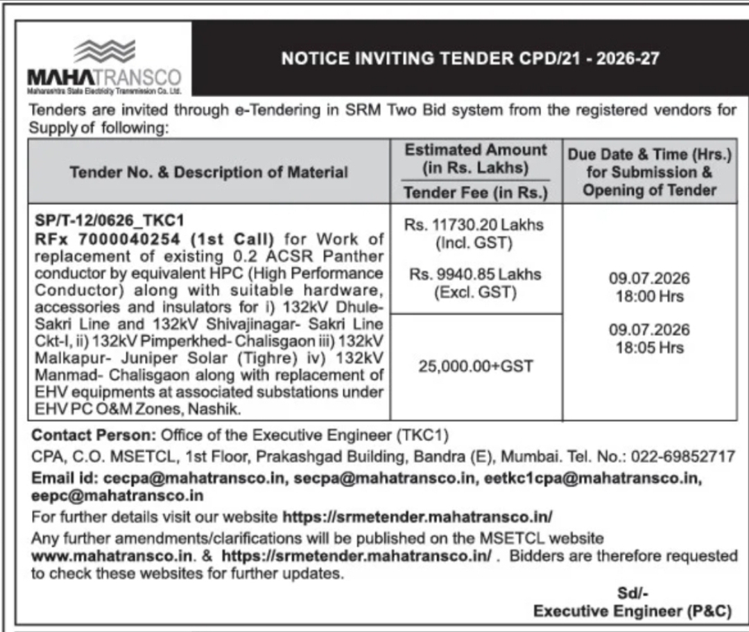 NOTICE INVITING TENDER CPD/21-2026-27 – MAHATRANSCO