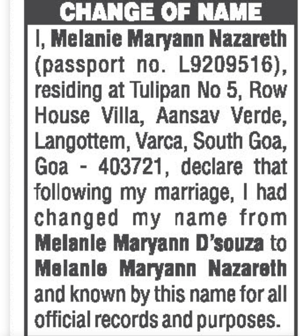 Change of Name Declaration Notice Melanie Maryann Nazareth